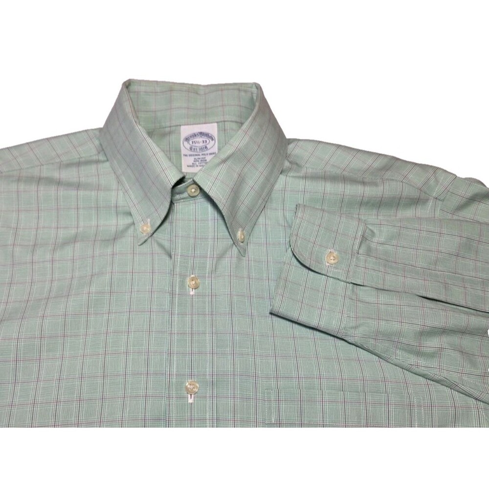 Brooks Brothers Original Polo Shirt 15.5-33 Slim Fit Mint Green Plaid Button